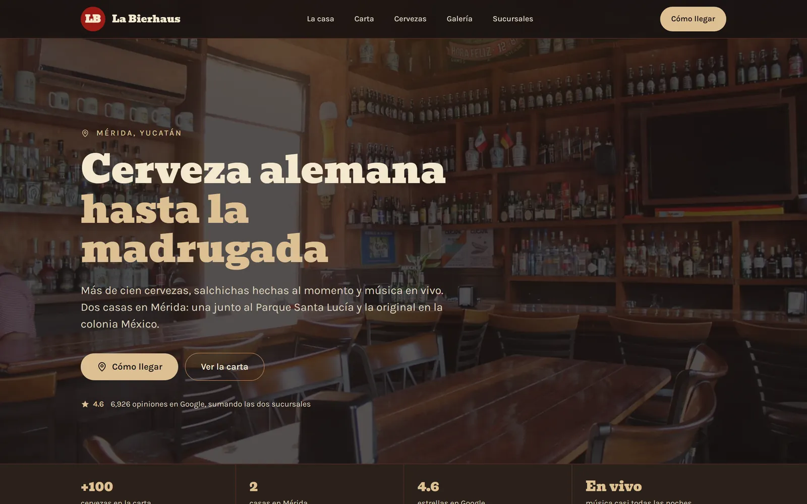 Página de La Bierhaus vista en una computadora: cerveza alemana hasta la madrugada